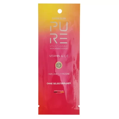 Pure Xtra Tanning M-Tyrosine Vitamin A C E 15ml soliariumo kremas - raudona-geltona pereinančių spalvų pakuotė, su M-tirozinu, melaninu ir vitaminais A, C, E natūraliam intensyviam įdegiui ir odos apsaugai nuo senėjimo