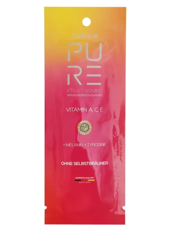 Pure Xtra Tanning M-Tyrosine Vitamin A C E 15ml soliariumo kremas - raudona-geltona pereinančių spalvų pakuotė, su M-tirozinu, melaninu ir vitaminais A, C, E natūraliam intensyviam įdegiui ir odos apsaugai nuo senėjimo