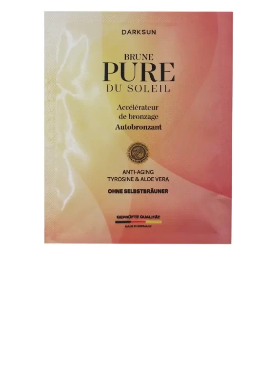 Darksun Pure Du Soleil Brune 15ml soliariumo kremas - kreminė-rožinė pereinančių spalvų pakuotė, su tirozinu ir alijošiumi, skirtas prabangiam įdegiui ir odos priežiūrai nuo senėjimo