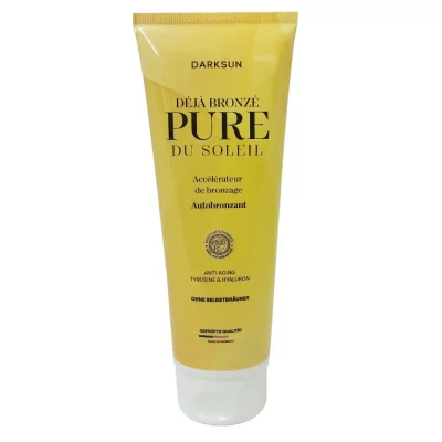 Darksun Pure Du Soleil Deja Bronze 125ml soliariumo kremas - gelsva pereinančių spalvų pakuotė, su tirozinu, hialuronu, alavijais, simondsijų aliejumi ir karbamidu prabangiam įdegiui ir sausos bei jautrios odos priežiūrai