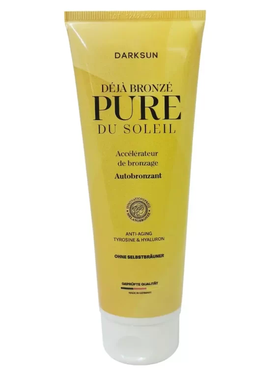 Darksun Pure Du Soleil Deja Bronze 125ml soliariumo kremas - gelsva pereinančių spalvų pakuotė, su tirozinu, hialuronu, alavijais, simondsijų aliejumi ir karbamidu prabangiam įdegiui ir sausos bei jautrios odos priežiūrai