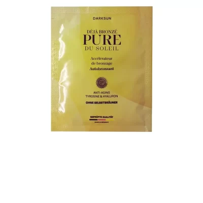 Darksun Pure Du Soleil Deja Bronze 15ml soliariumo kremas - gelsva pereinančių spalvų pakuotė, su tirozinu, hialuronu, alavijais, simondsijų aliejumi ir karbamidu prabangiam įdegiui ir sausos bei jautrios odos priežiūrai