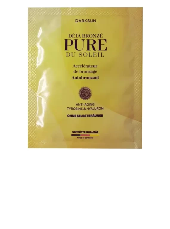 Darksun Pure Du Soleil Deja Bronze 15ml soliariumo kremas - gelsva pereinančių spalvų pakuotė, su tirozinu, hialuronu, alavijais, simondsijų aliejumi ir karbamidu prabangiam įdegiui ir sausos bei jautrios odos priežiūrai