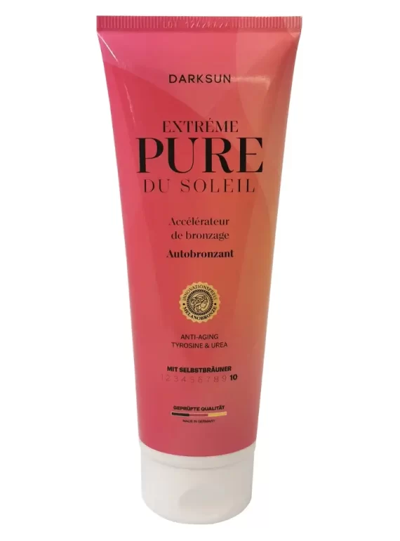 Darksun Pure Du Soleil Extreme T-Urea 125ml soliariumo kremas - kreminė-raudona pereinančių spalvų pakuotė, su tirozinu ir urea kompleksu, skirtas prabangiam įdegiui ir intensyviam odos drėkinimui bei odos senėjimo prevencijai