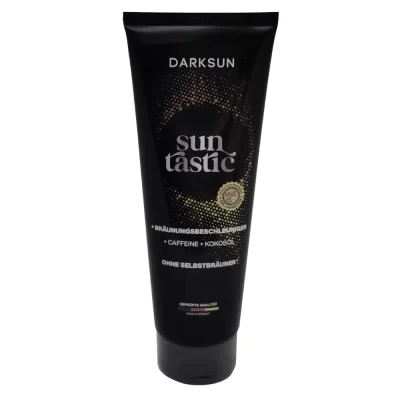 Darksun Sun Tastic C-Cocos Oil 125ml soliariumo kremas - juoda pakuotė su geltonai oranžiniu taškiniu apskritimu, praturtintas kofeinu ir kokosų aliejumi bei kitais augaliniais aliejais (kanapių, persikų, graikinių riešutų, saulėgrąžų) intensyviam ir ilgalaikiam įdegiui
