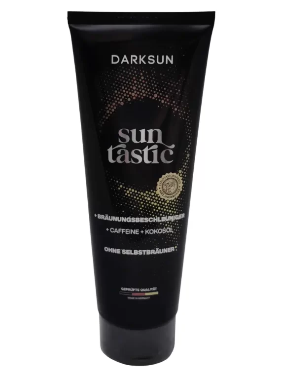 Darksun Sun Tastic C-Cocos Oil 125ml soliariumo kremas - juoda pakuotė su geltonai oranžiniu taškiniu apskritimu, praturtintas kofeinu ir kokosų aliejumi bei kitais augaliniais aliejais (kanapių, persikų, graikinių riešutų, saulėgrąžų) intensyviam ir ilgalaikiam įdegiui