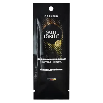 Darksun Sun Tastic C-Cocos Oil 15ml soliariumo kremas - juoda pakuotė su geltonai oranžiniu taškiniu apskritimu, praturtintas kofeinu ir kokosų aliejumi bei kitais augaliniais aliejais (kanapių, persikų, graikinių riešutų, saulėgrąžų) intensyviam ir ilgalaikiam įdegiui