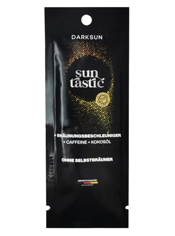 Darksun Sun Tastic C-Cocos Oil 15ml soliariumo kremas - juoda pakuotė su geltonai oranžiniu taškiniu apskritimu, praturtintas kofeinu ir kokosų aliejumi bei kitais augaliniais aliejais (kanapių, persikų, graikinių riešutų, saulėgrąžų) intensyviam ir ilgalaikiam įdegiui