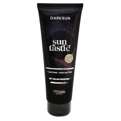 Darksun Sun Tastic C-Shea Butter 125ml soliariumo kremas - juoda pakuotė su violetiniu taškiniu apskritimu, praturtintas kofeinu ir taukmedžio sviestu bei augaliniais aliejais (kanapių, persikų, graikinių riešutų, saulėgrąžų) intensyviam ir ilgalaikiam įdegiui