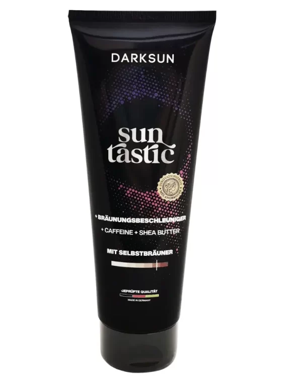 Darksun Sun Tastic C-Shea Butter 125ml soliariumo kremas - juoda pakuotė su violetiniu taškiniu apskritimu, praturtintas kofeinu ir taukmedžio sviestu bei augaliniais aliejais (kanapių, persikų, graikinių riešutų, saulėgrąžų) intensyviam ir ilgalaikiam įdegiui