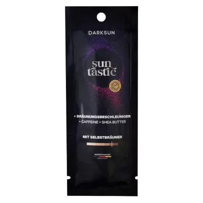 Darksun Sun Tastic C-Shea Butter 15ml soliariumo kremas - juoda pakuotė su violetiniu taškiniu apskritimu, praturtintas kofeinu ir taukmedžio sviestu bei augaliniais aliejais (kanapių, persikų, graikinių riešutų, saulėgrąžų) intensyviam ir ilgalaikiam įdegiui