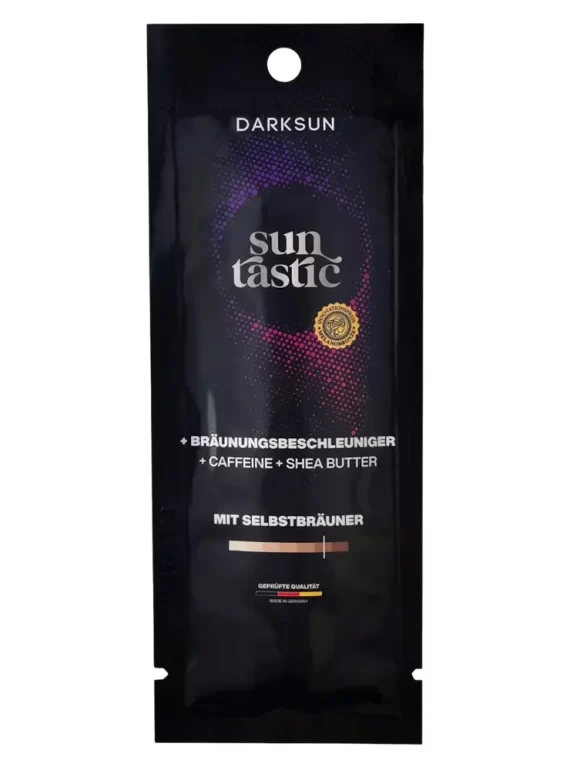 Darksun Sun Tastic C-Shea Butter 15ml soliariumo kremas - juoda pakuotė su violetiniu taškiniu apskritimu, praturtintas kofeinu ir taukmedžio sviestu bei augaliniais aliejais (kanapių, persikų, graikinių riešutų, saulėgrąžų) intensyviam ir ilgalaikiam įdegiui