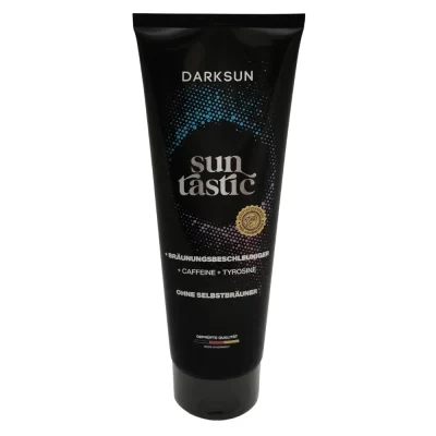 Darksun Sun Tastic C-Tyrosine 125ml soliariumo kremas - juoda pakuotė su mėlynu ir violetiniu taškiniu apskritimu, praturtintas kofeinu ir tirozinu bei augaliniais aliejais (kanapių, persikų, graikinių riešutų, saulėgrąžų) intensyviam ir ilgalaikiam įdegiui