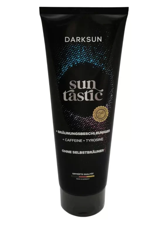 Darksun Sun Tastic C-Tyrosine 125ml soliariumo kremas - juoda pakuotė su mėlynu ir violetiniu taškiniu apskritimu, praturtintas kofeinu ir tirozinu bei augaliniais aliejais (kanapių, persikų, graikinių riešutų, saulėgrąžų) intensyviam ir ilgalaikiam įdegiui