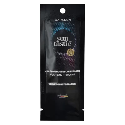 Darksun Sun Tastic C-Tyrosine 15ml soliariumo kremas - juoda pakuotė su mėlynu ir violetiniu taškiniu apskritimu, praturtintas kofeinu ir tirozinu bei augaliniais aliejais (kanapių, persikų, graikinių riešutų, saulėgrąžų) intensyviam ir ilgalaikiam įdegiui