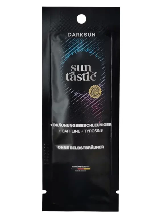 Darksun Sun Tastic C-Tyrosine 15ml soliariumo kremas - juoda pakuotė su mėlynu ir violetiniu taškiniu apskritimu, praturtintas kofeinu ir tirozinu bei augaliniais aliejais (kanapių, persikų, graikinių riešutų, saulėgrąžų) intensyviam ir ilgalaikiam įdegiui