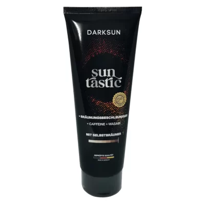 Darksun Sun Tastic C-Wasabi 125ml soliariumo kremas - juoda pakuotė su raudonu taškiniu apskritimu, praturtintas kofeinu ir wasabi ekstraktu bei augaliniais aliejais (kanapių, persikų, graikinių riešutų, saulėgrąžų) intensyviam ir ilgalaikiam įdegiui