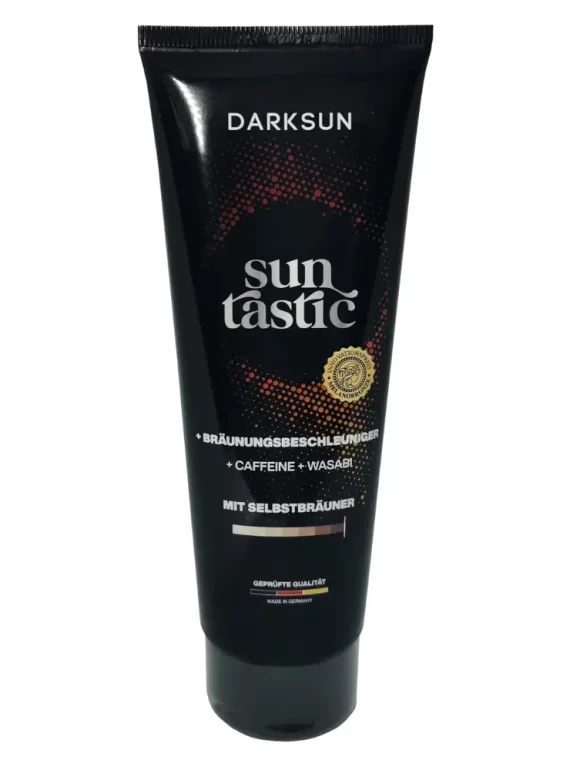 Darksun Sun Tastic C-Wasabi 125ml soliariumo kremas - juoda pakuotė su raudonu taškiniu apskritimu, praturtintas kofeinu ir wasabi ekstraktu bei augaliniais aliejais (kanapių, persikų, graikinių riešutų, saulėgrąžų) intensyviam ir ilgalaikiam įdegiui