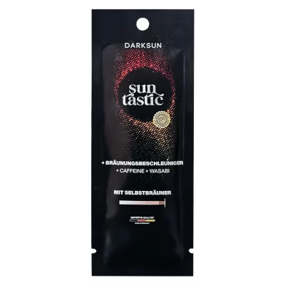 Darksun Sun Tastic C-Wasabi 15ml soliariumo kremas - juoda pakuotė su raudonu taškiniu apskritimu, praturtintas kofeinu ir wasabi ekstraktu bei augaliniais aliejais (kanapių, persikų, graikinių riešutų, saulėgrąžų) intensyviam ir ilgalaikiam įdegiui