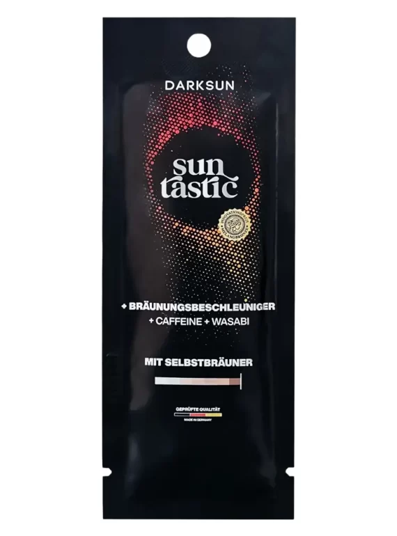 Darksun Sun Tastic C-Wasabi 15ml soliariumo kremas - juoda pakuotė su raudonu taškiniu apskritimu, praturtintas kofeinu ir wasabi ekstraktu bei augaliniais aliejais (kanapių, persikų, graikinių riešutų, saulėgrąžų) intensyviam ir ilgalaikiam įdegiui