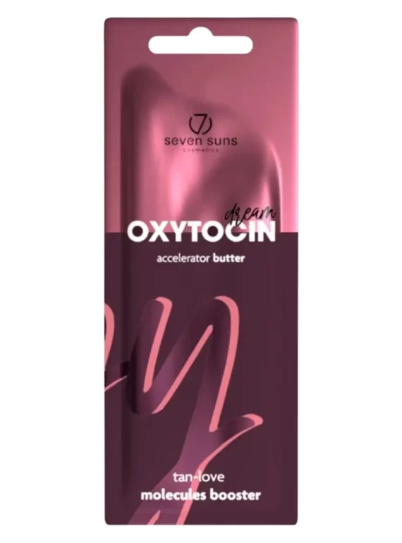 Seven Suns Oxytocin Dream įdegio akseleratoriaus sviesto (accelerator butter) 15 ml pakuotė rausvai bordo spalvos dizainu.