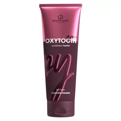 Seven Suns Oxytocin Dream įdegio akseleratoriaus sviesto (accelerator butter) 250 ml pakuotė rausvai bordo spalvos dizainu.