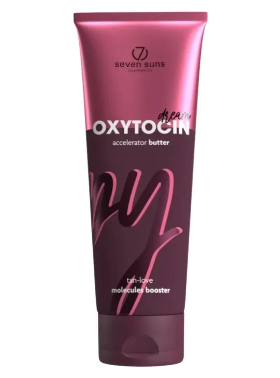 Seven Suns Oxytocin Dream įdegio akseleratoriaus sviesto (accelerator butter) 250 ml pakuotė rausvai bordo spalvos dizainu.